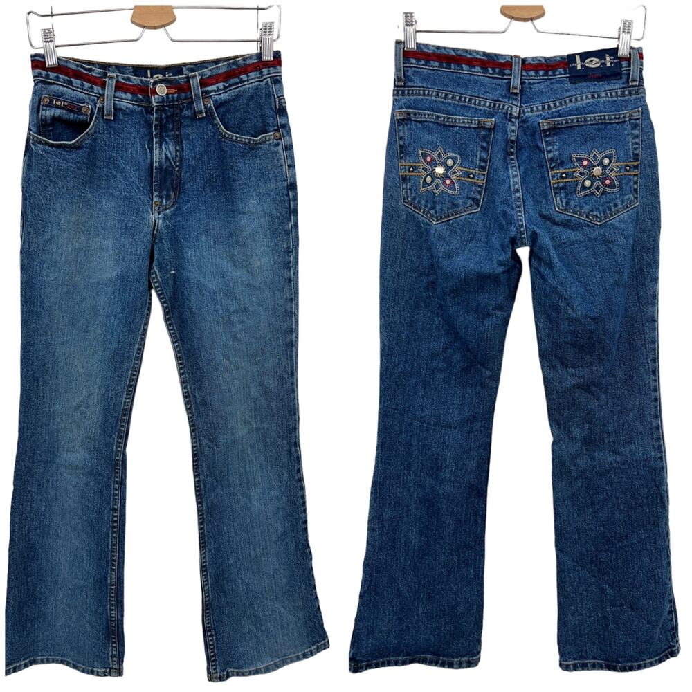Vintage LEI Y2K Bootcut Jeans Velvet Trim Floral Embroidery Boho Blue Size 5